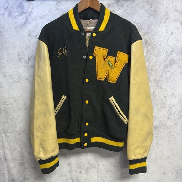 Vintage Sand Knit Doe Lon Letterman Varsity Jacket Mens 40 21x25 Chain Stitch - Picture 1 of 16